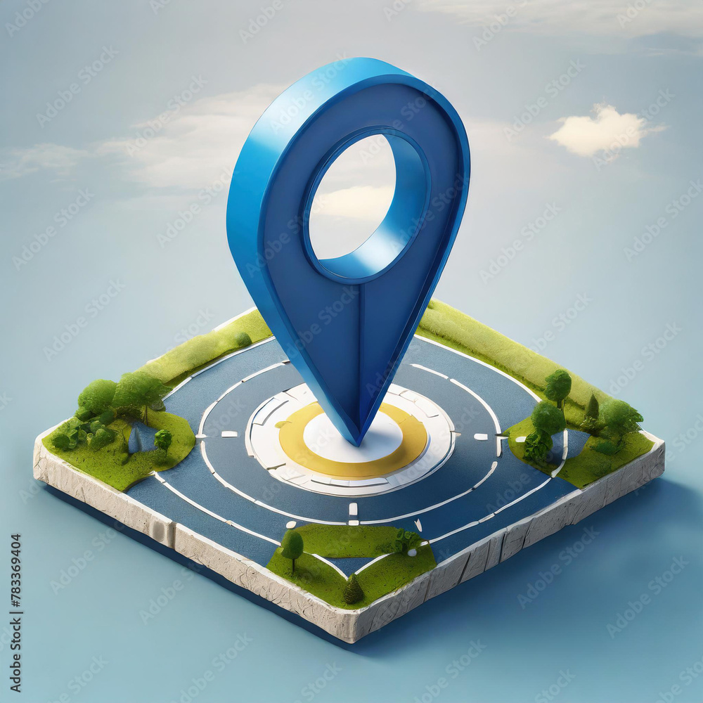 Poster blue location 3d icon marker or route gps position navigator sign and travel navigation pin road map