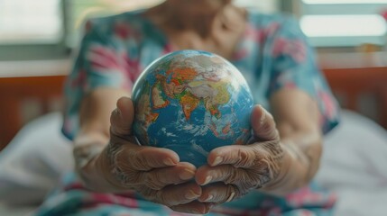 Asian senior or elderly old lady woman patient holding model world globe in her hand on bed in nursing hospital : healthy strong medical concept