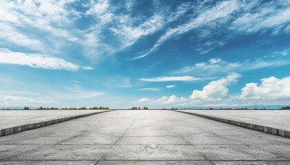 beautiful blue sky background with nice subtle clouds and empty spacious gray concrete street floor