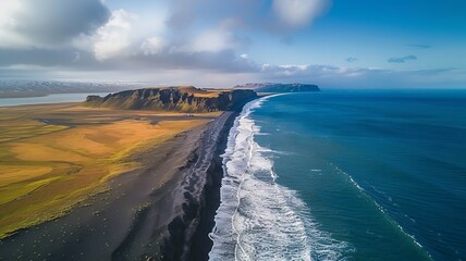 Fototapeta premium The black sand beach in Iceland. Aerial view and top view. Beautiful natural backdrop
