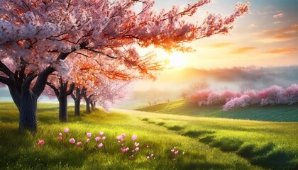 pink cherry tree blossom flowers blooming in a green grass meadow on a spring easter sunrise...