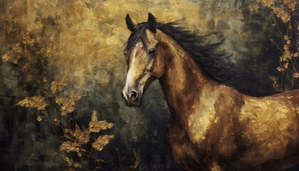 background vintage illustration horse chinoiserie golden brushstrokes textured background oil on...