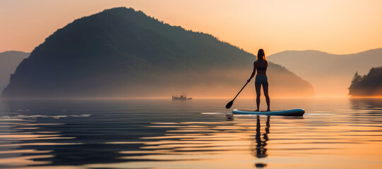 Silhouette of a young woman paddleboarding on the serene sea at sunset, blending fitness with relaxation. - Powered by Adobe