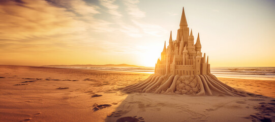 Creative sandcastle standing tall on a sunny beach, sparking childhood imagination. - 783369866