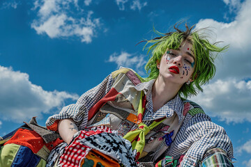 A woman with vibrant green hair and colorful clown makeup is dressed up in full clown costume. - 783369896