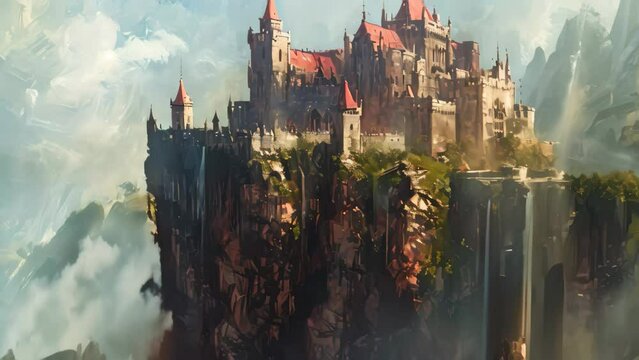 A detailed painting showcasing a castle perched atop a towering mountain, blending architectural beauty with natural grandeur, An imposing Gothic fortress perched on a rocky outcrop, AI Generated