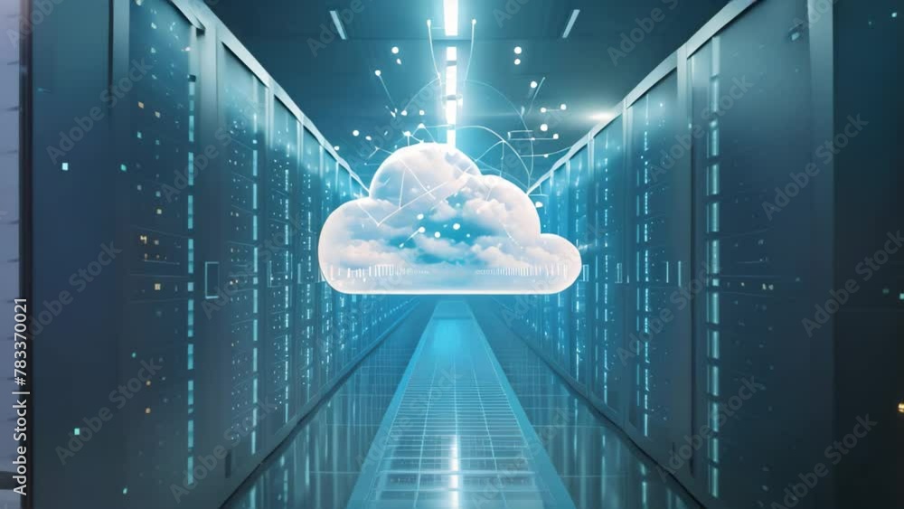 Poster a cloud can be seen floating in the midst of a server room filled with rows of server racks and blin