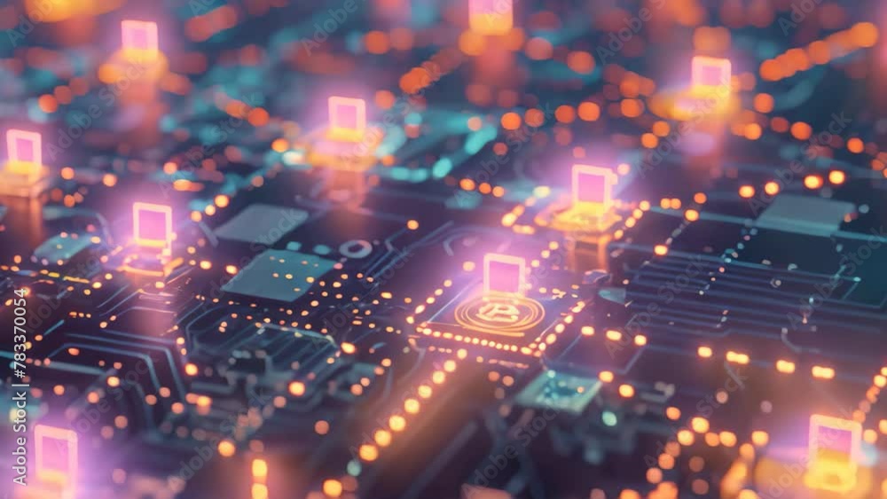 Poster close up of computer circuit with glowing lights, an interconnected network of computers transferrin