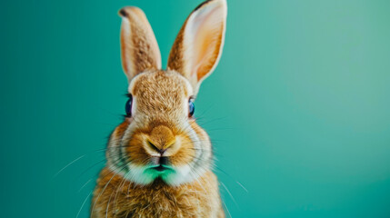 Fototapeta na wymiar Charming Young Rabbit Captured on Vibrant Green Background