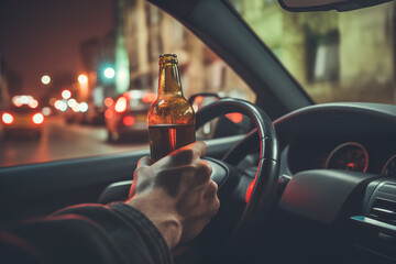 Drunk driver with beer: Illegal and dangerous on the road.