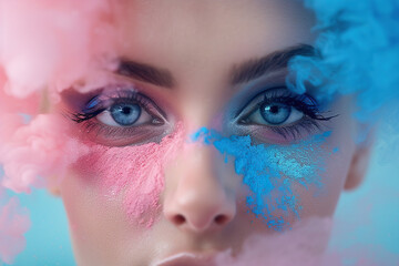A close-up of a womans face with vibrant blue and pink makeup highlighting her eyes and lips. - 783370037