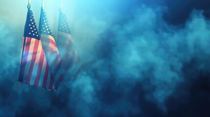 Happy Veterans Day background, American flags against a blue fog background, November 11, American flag Memorial Day, 4th of July, Labour Day, Independence Day. - obrazy, fototapety, plakaty