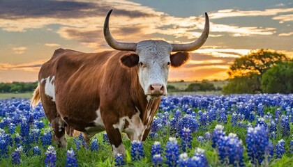 texas longhorn cow in a field of bluebonnets at sunset texas iconic landscape - obrazy, fototapety, plakaty