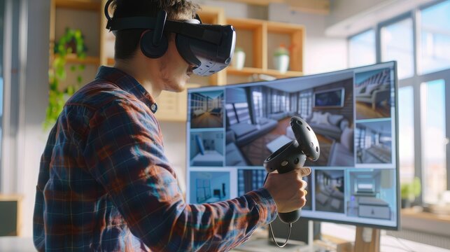 Industrial Software Developer Writing Code and Testing Interior Design Interface. Engineer Editing and Moving Furniture while Wearing Virtual Reality Headset and Using Controllers.