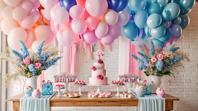 A table adorned with numerous balloons and various mouth-watering desserts including cakes, cupcakes, and pastries, An intimate gender reveal party with blue or pink decorations, AI Generated