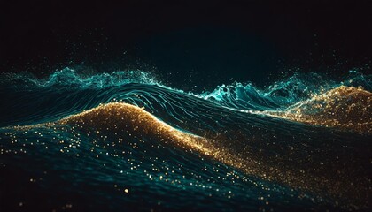 cyan wave on a black background in the style of futuristic spacescapes dark brown and light beige