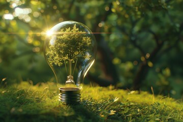 Sustainable Energy Idea with Glowing Tree in Lightbulb Outdoors - obrazy, fototapety, plakaty