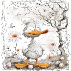Fluffy Duck Amongst Spring Flowers and Decorated Easter Eggs Illustration