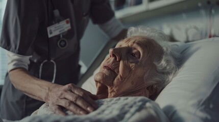 Parkinson and alzheimer female senior aging patient with caregiver doctor in hospice care.