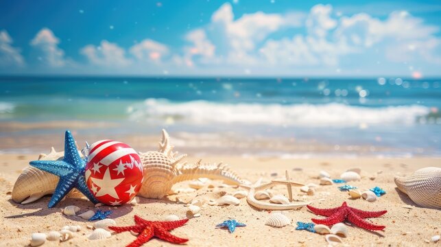 Patriotic USA background with decorations on the sandy beach