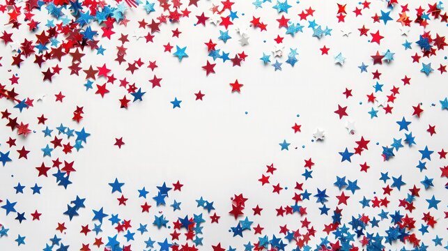 Public holiday in USA concept. High angle view photo of empty space surrounded by red, white and blue star-shaped confetti on white isolated background with copy-space