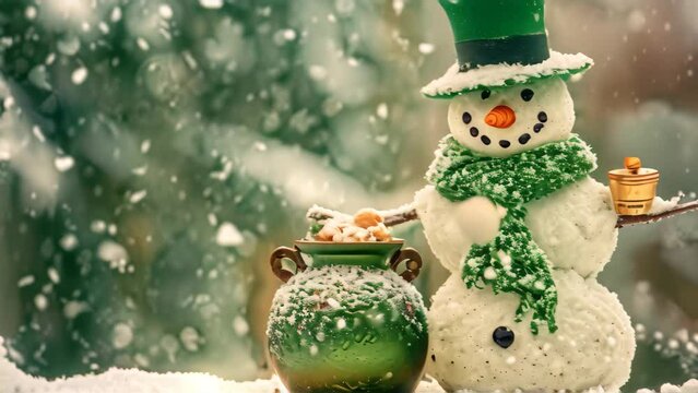A snowman wearing a vibrant green hat and standing next to a green pot, An Irish snowman dressed in green standing next to a pot of gold, AI Generated