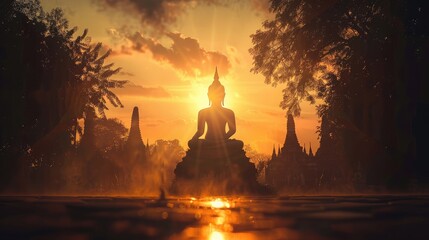 Silhouette of Buddha and temple with sun shining from behind - obrazy, fototapety, plakaty
