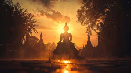 Foto op Canvas Silhouette of Buddha and temple with sun shining from behind © buraratn