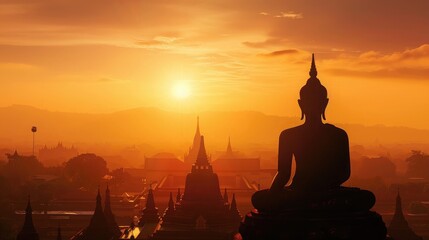 Silhouette of Buddha and temple with sun shining from behind