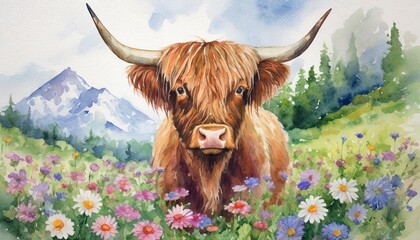 highland cow in flowers watercolor illustration beautiful illustration for printing
