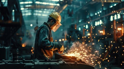 Steel factory staff worker Asian man work in a heavy industrial machine with safety engineer uniform. - obrazy, fototapety, plakaty