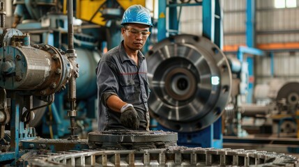 Steel factory staff worker Asian man work in a heavy industrial machine with safety engineer uniform.