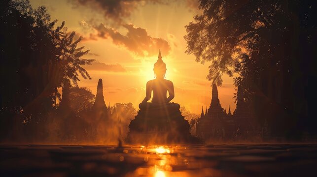 Silhouette of Buddha and temple with sun shining from behind
