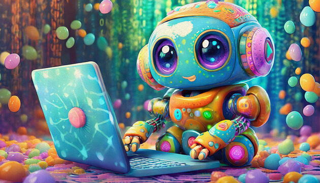 oil painting style cartoon character pattern of multicolored Close up of baby robot cartoon character hacker