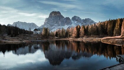 the beautiful nature landscape great view on federa lake early in the morning the federa lake with the dolomites peak cortina d ampezzo south tyrol dolomites italy popular travel locations