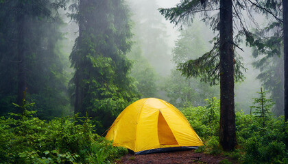 Bright yellow tent amidst a thick misty forest during a heavy rainstorm