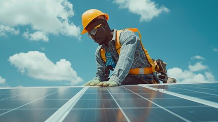 African American man working installing solar photovoltaic panels