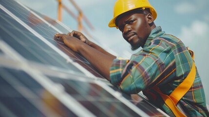 African American man working installing solar photovoltaic panels