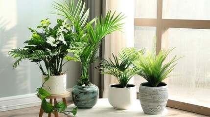 Different beautiful indoor plants in room. House decoration