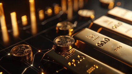 Discover the allure of financial prosperity . Gold bars and coins on a candlestick graph against a black background symbolize wealth, success, and investment