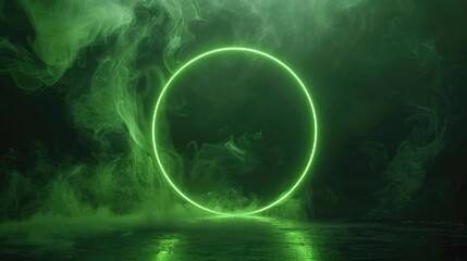 Futuristic smoke. Neon green color geometric circle on a dark background. Round mystical portal