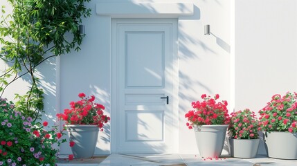 White facade of a modern house with front door, potted flowers.entrance home exterior