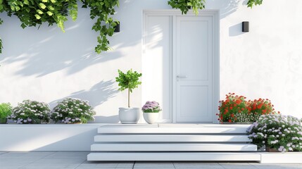 Fototapeta na wymiar White facade of a modern house with front door, potted flowers.entrance home exterior