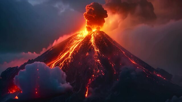 A powerful volcanic eruption sends streams of molten lava shooting into the sky, creating a mesmerizing display of raw natural power, An ominous volcano erupting at night, AI Generated