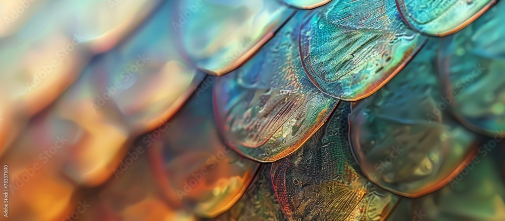 Poster Detailed image showing a single fish scale with various coins spread around it, emphasizing texture and value