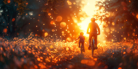 Father and child biking through field at golden sunset. Postcard for the day of the father.