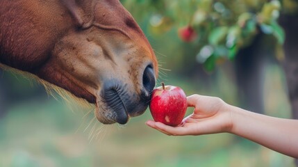 Ofrece una manzana a un caballo