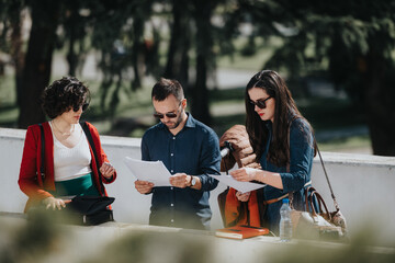 Focused business colleagues engage in a productive outdoor meeting, surrounded by nature.