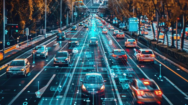 Smart transport technology concept for future car traffic on road . Virtual intelligent system makes digital information analysis to connect data of vehicle on city street . Futuristic innovation