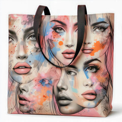 A shopping bag with a design pattern in the form of women's faces. Design for bags